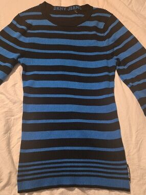 DKNY Jeans Y2K Blue Black Striped Ribbed Logo Sweater Small